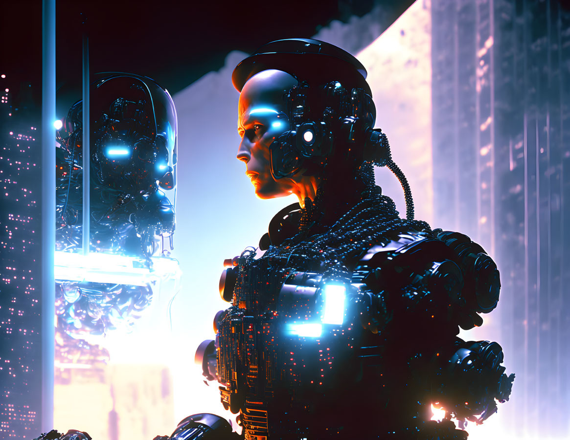 Detailed futuristic robot with illuminated components against neon-lit cityscape