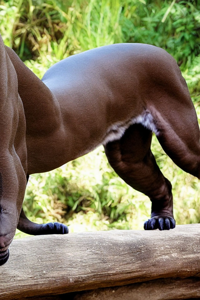 Muscular brown-coated dog in plank position on wooden surface