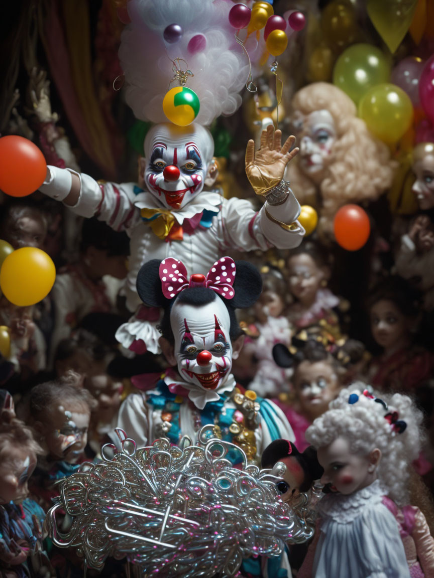 Assortment of Clown Figures and Dolls with Balloons in Dimly Lit Setting