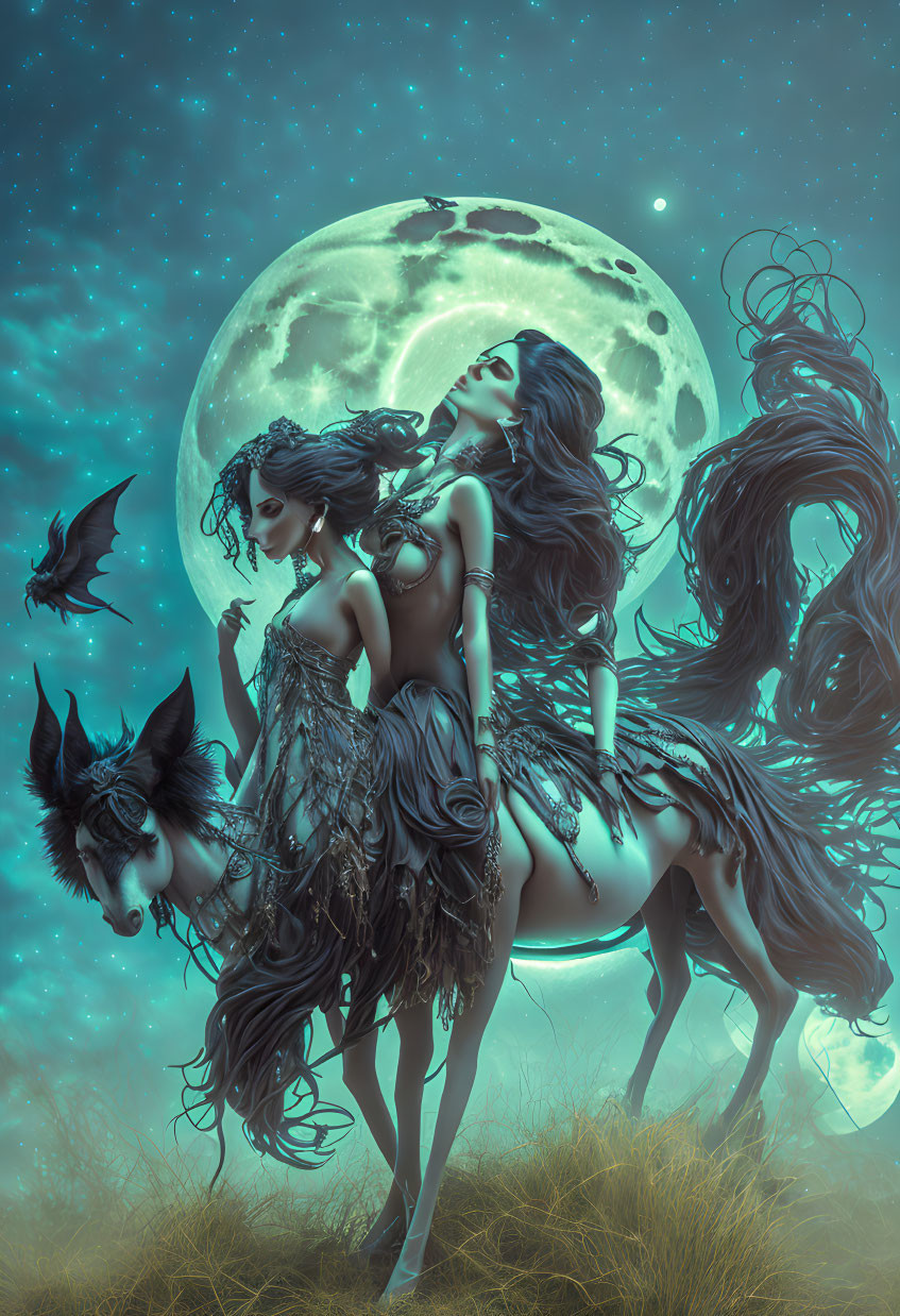 Mystical women riding horse under full moon with bat in night sky