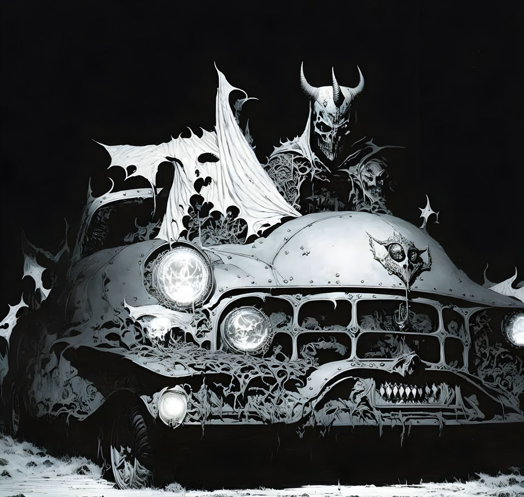 Monochromatic artwork: Demonic figure on skull-adorned vintage car