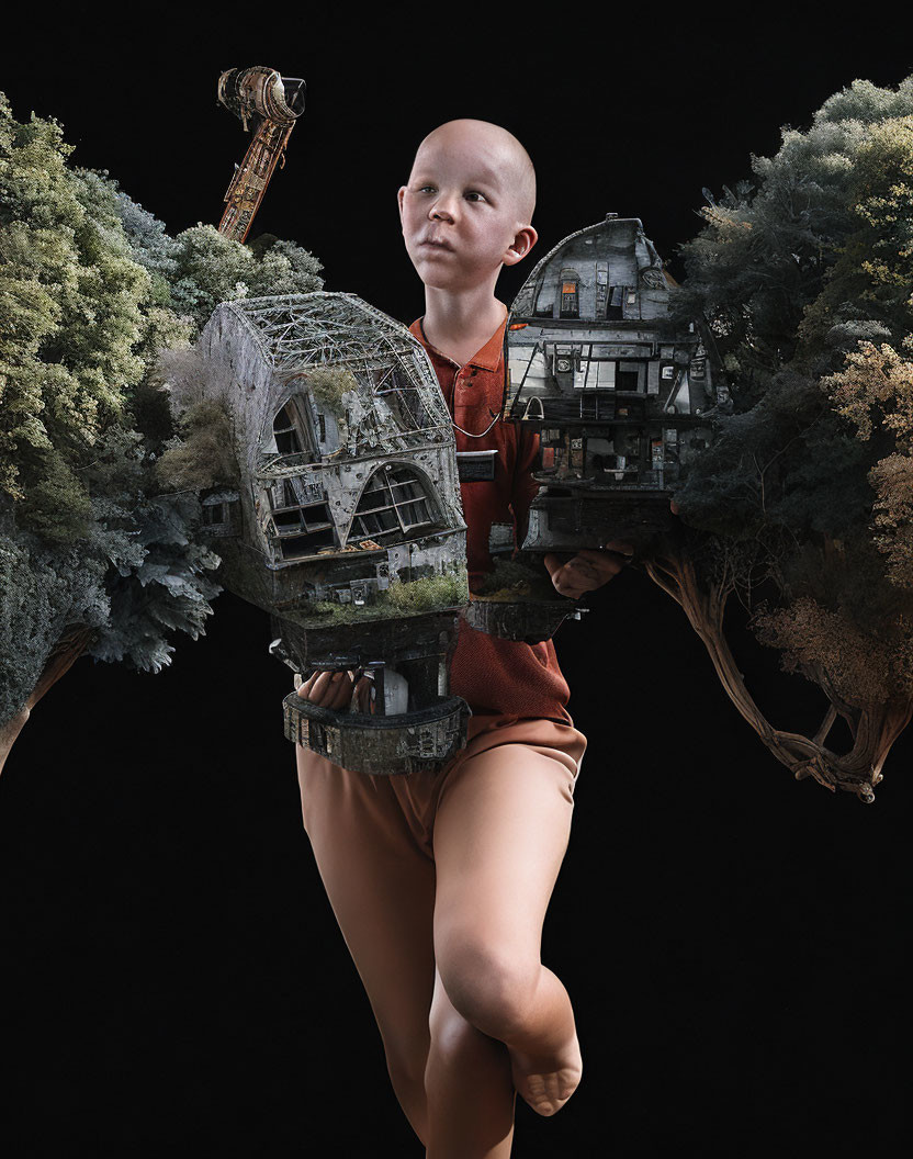 Surreal portrait with bald head and miniature house and trees