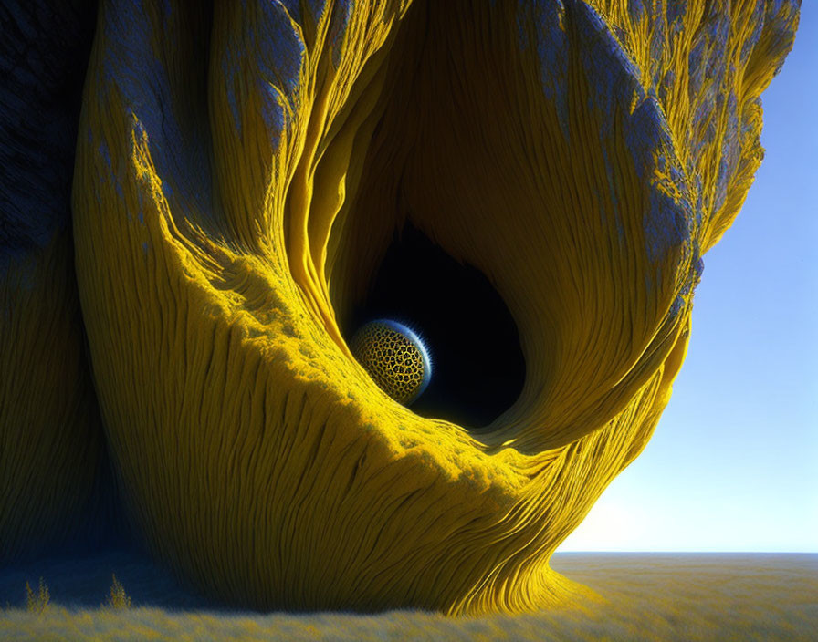 Surreal landscape with golden vortex and patterned sphere against blue sky