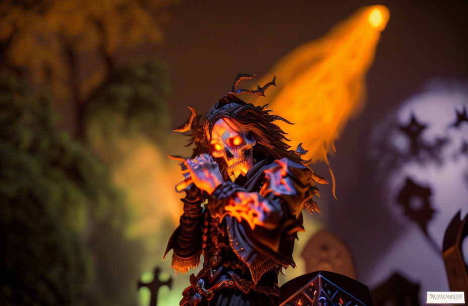 Glowing skull figure in dark armor with fiery peak backdrop