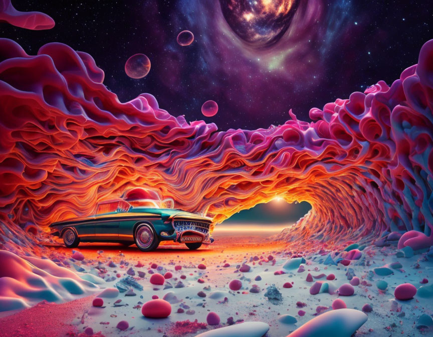 Vintage car in surreal alien landscape with pink hues and cosmic backdrop.