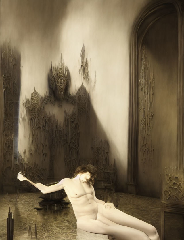 Nude female figure on reflective surface with gothic architecture in background