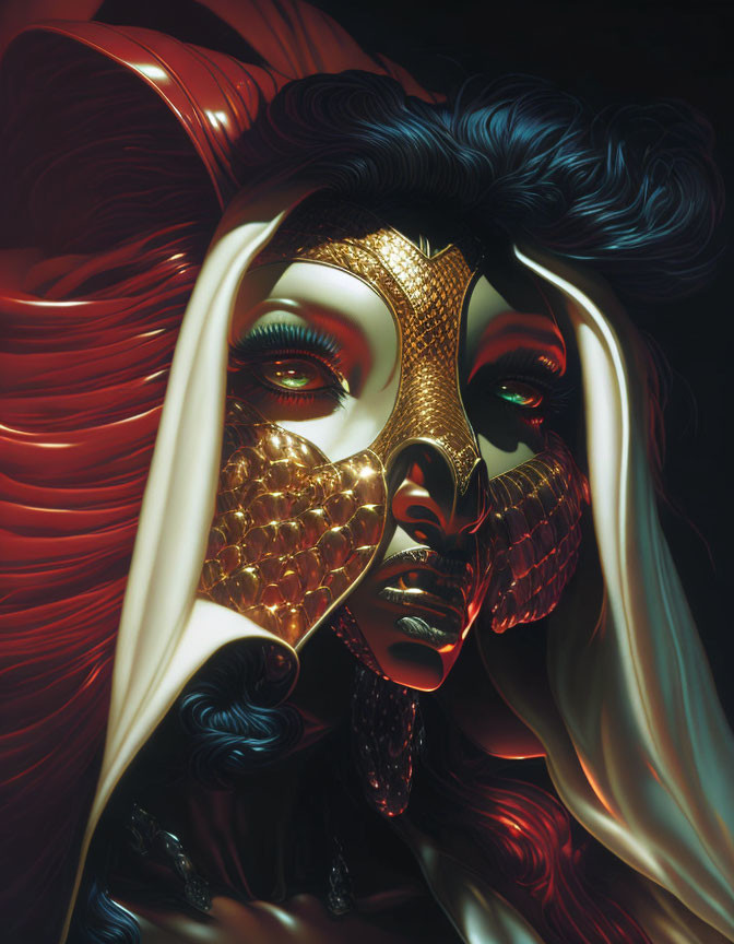 Stylized digital art: Female figure with golden mask and red eyes