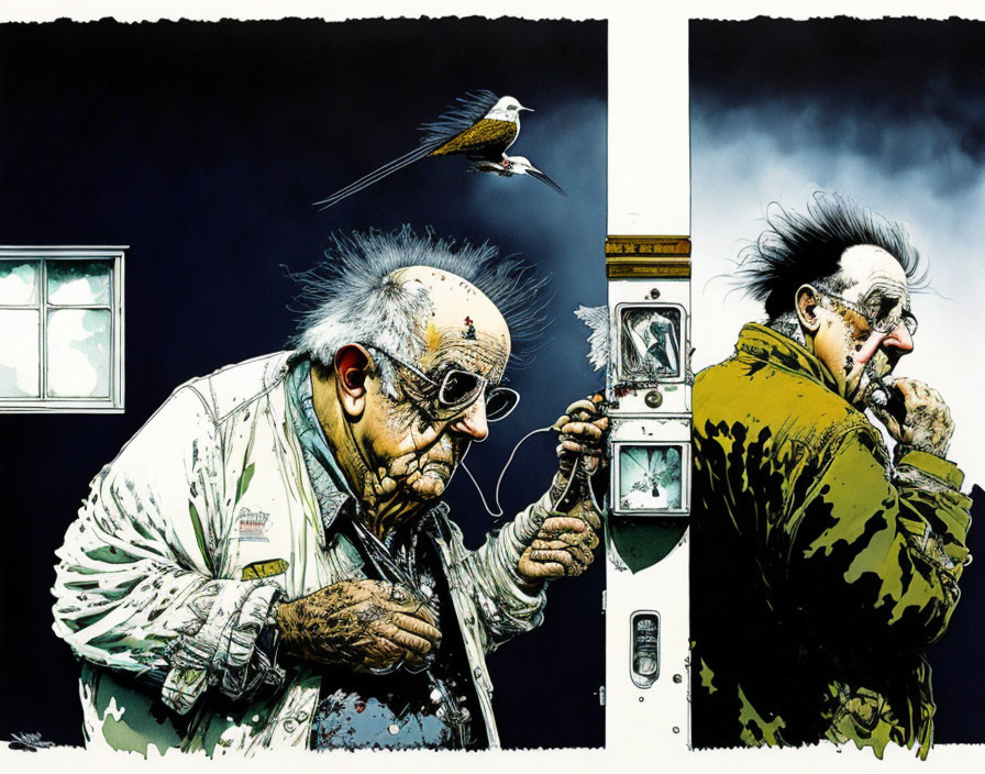 Illustrated diptych: Grizzled old man in lab coat with bird and insects