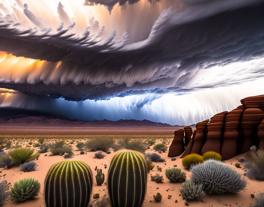 Dramatic desert landscape with shelf cloud, cacti, and dark mountains