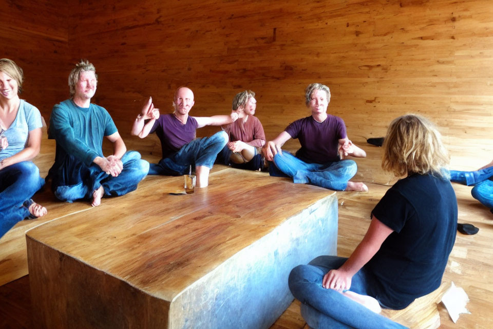 People sitting on wooden benches in a room with wood-paneled walls conversing casually