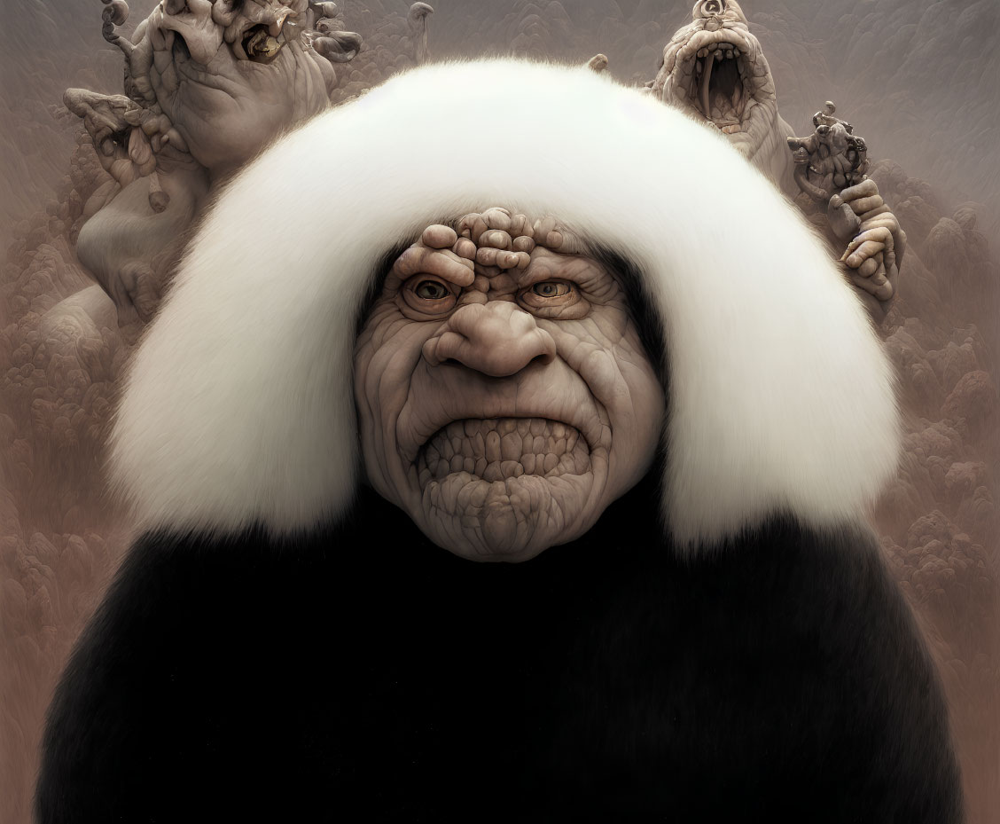 Large White-Haired Creature with Human-Like Face and Grotesque Figures in Surreal Scene