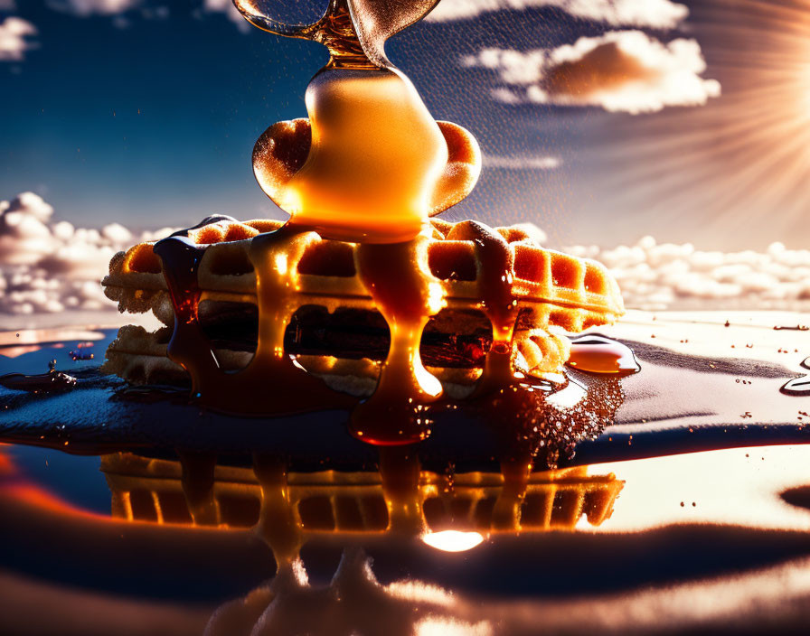 Golden Syrup Pouring on Waffles with Dramatic Sky Background