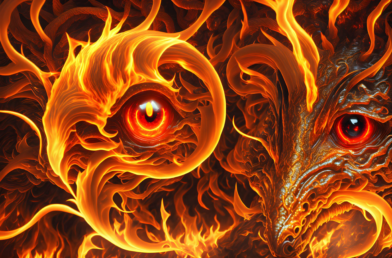 Fiery Dragon Eyes Digital Artwork with Intense Red and Orange Hues