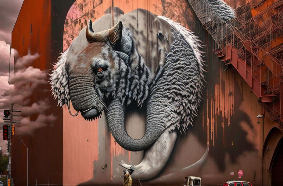 Massive elephant mural with woolly mammoth fur on building side