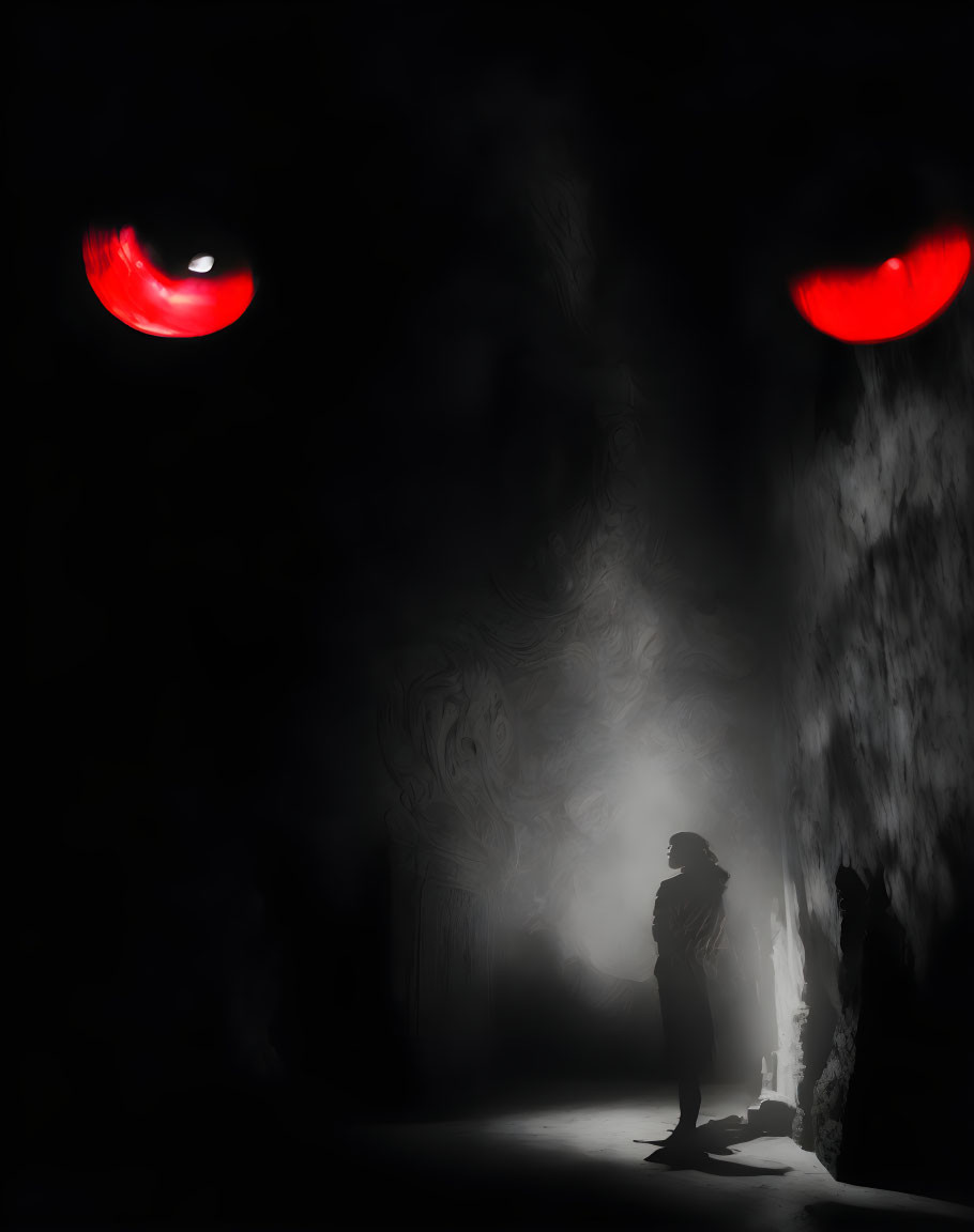 Silhouette of a person with red glowing eyes in dark alley