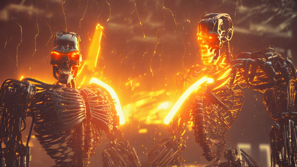 Robotic skeletons with glowing eyes in industrial setting.