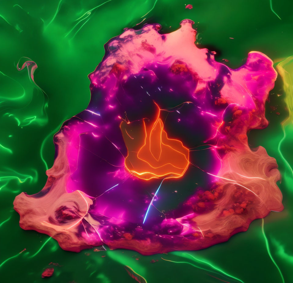 Abstract Neon Pink and Orange Celestial Explosion on Dark Green Background