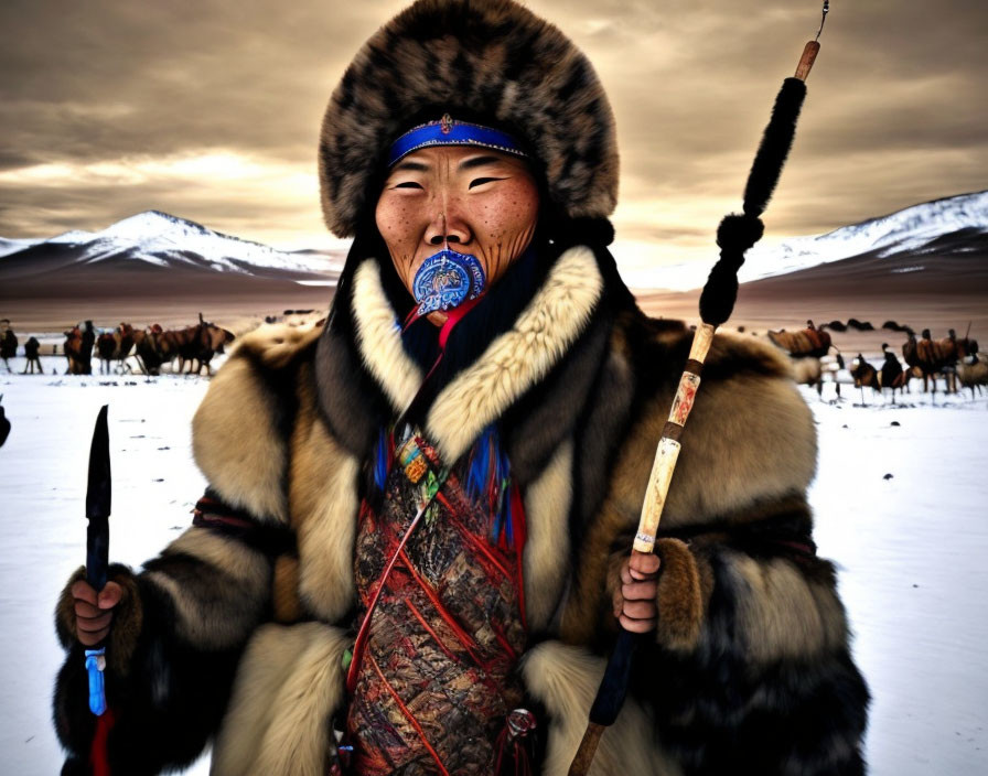 Person in traditional fur clothing with blue mask holding spear in snowy landscape.