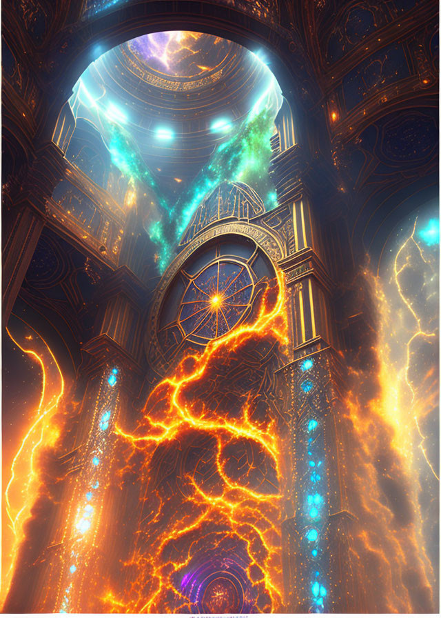 Celestial-themed library interior with towering arched window and cosmic energy swirls