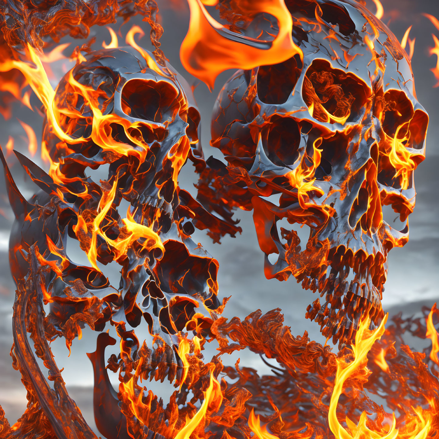 Intense orange and yellow flames engulfing two flaming skulls on a smoky backdrop