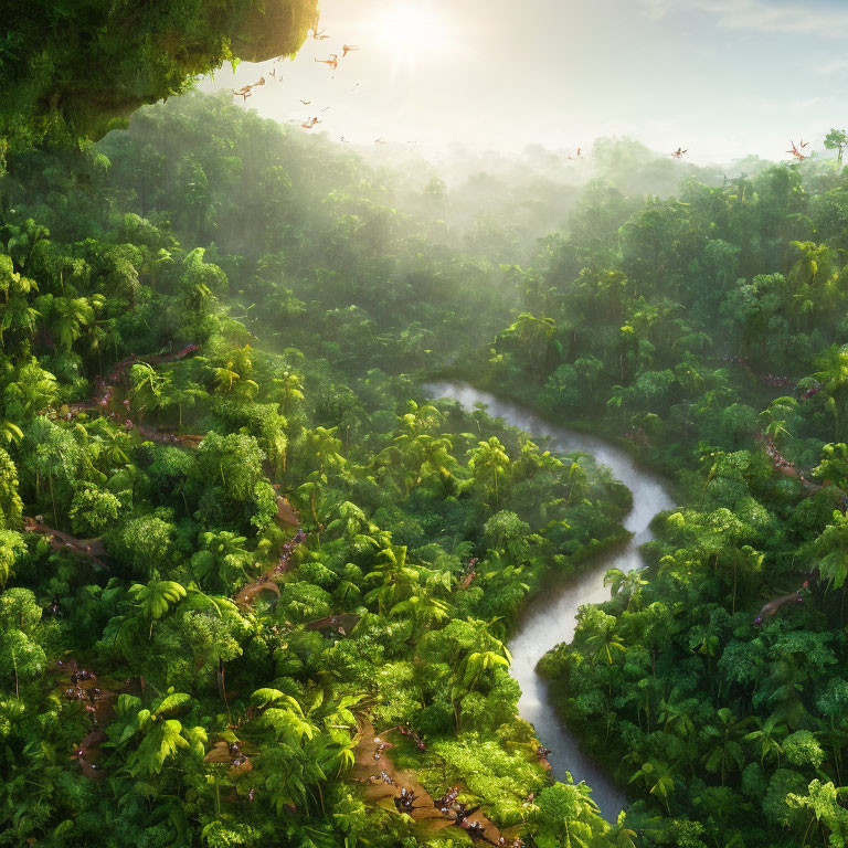 Serene forest scene with river, sunlight, and birds in misty air