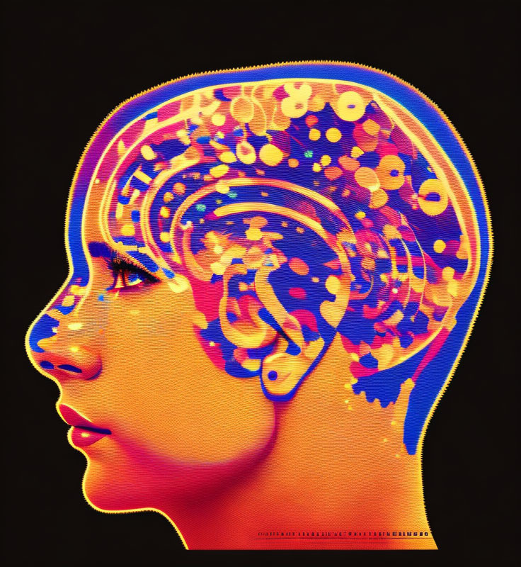 Colorful Brain Illustration on Black Background: Side Profile View