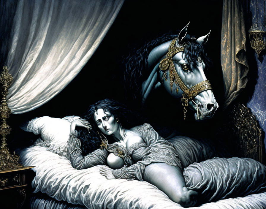 Woman reclining on luxurious bed with ornate bridle horse in rich, dark setting