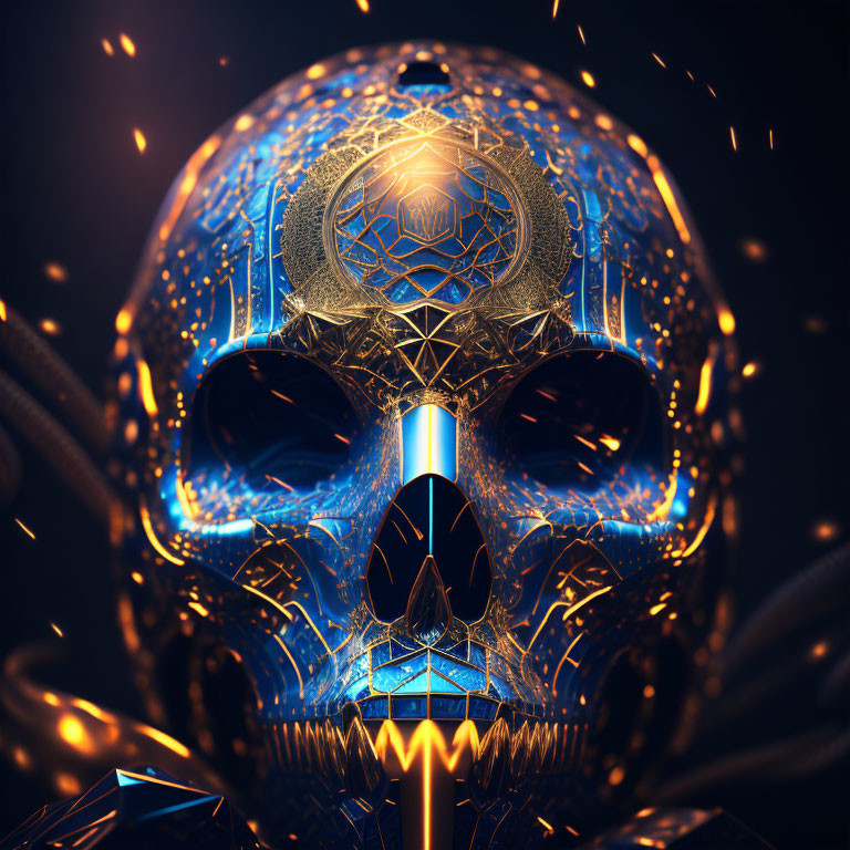 Luminous blue and gold skull with geometric patterns on dark background