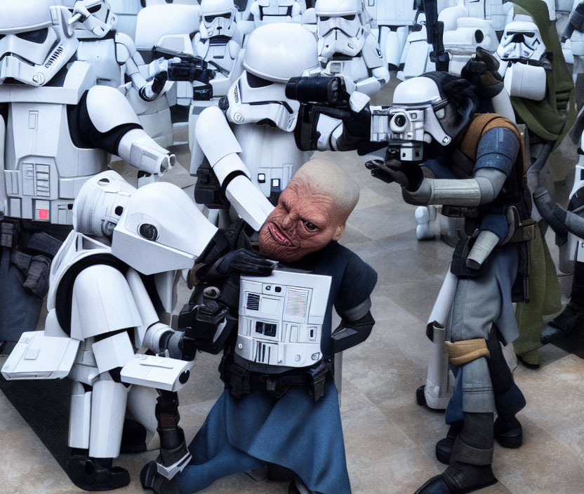 Alien mask person playfully restrained by Stormtroopers in costume