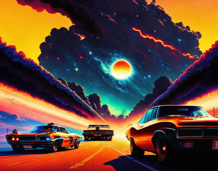 Colorful Retro-Style Artwork: Classic Cars on Road under Sunset Sky