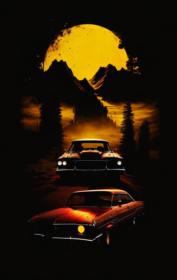 Vintage cars with headlights on in night scene with pine trees and moon