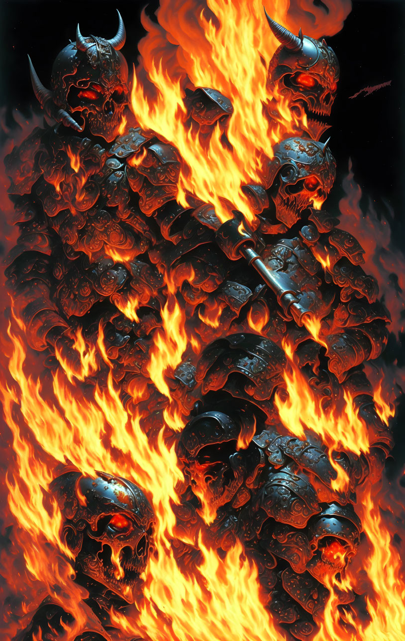 Artistic portrayal of flaming skulls with horned helmets