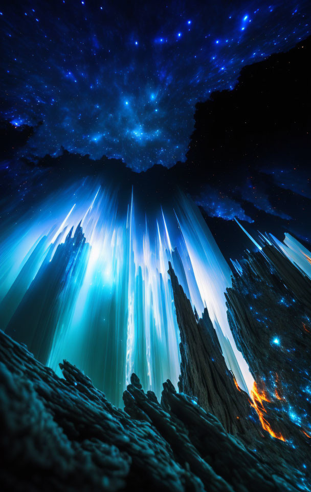 Ethereal scene of blue lights over jagged peaks