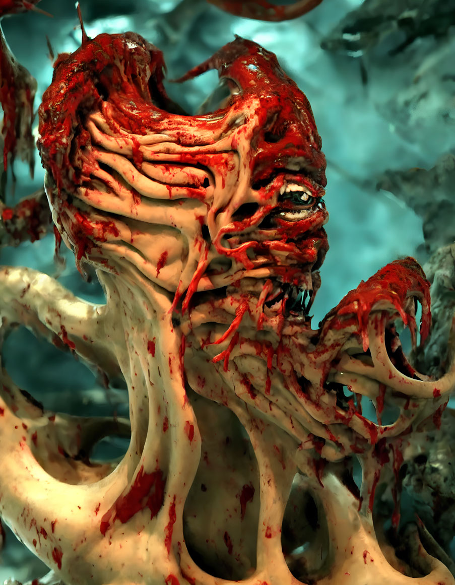 Blood-stained tendrils and twisted flesh-like body of gory creature in dark setting