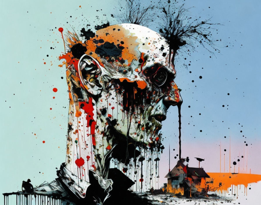 Surreal artwork with stylized skull, paint splatters, small house, and figure on orange