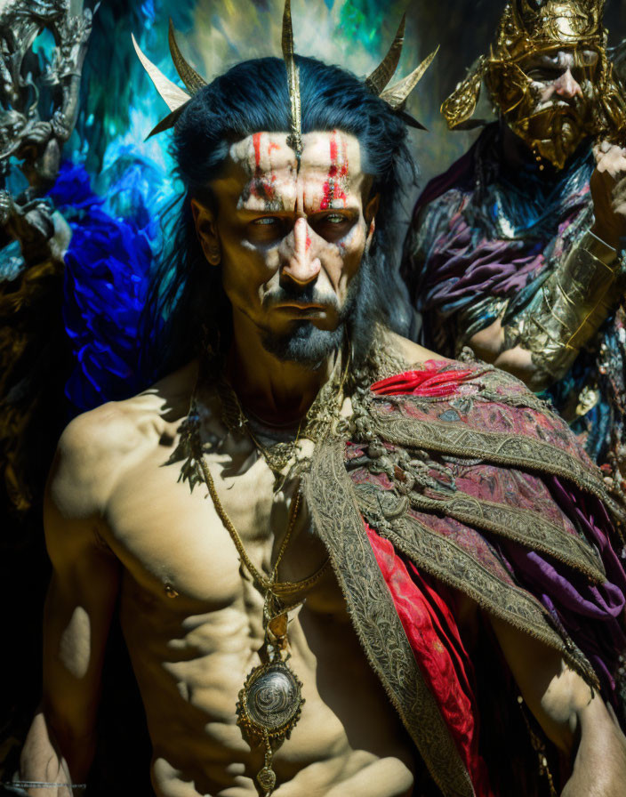 Tribal makeup man with horned headdress and elaborate costumes in background