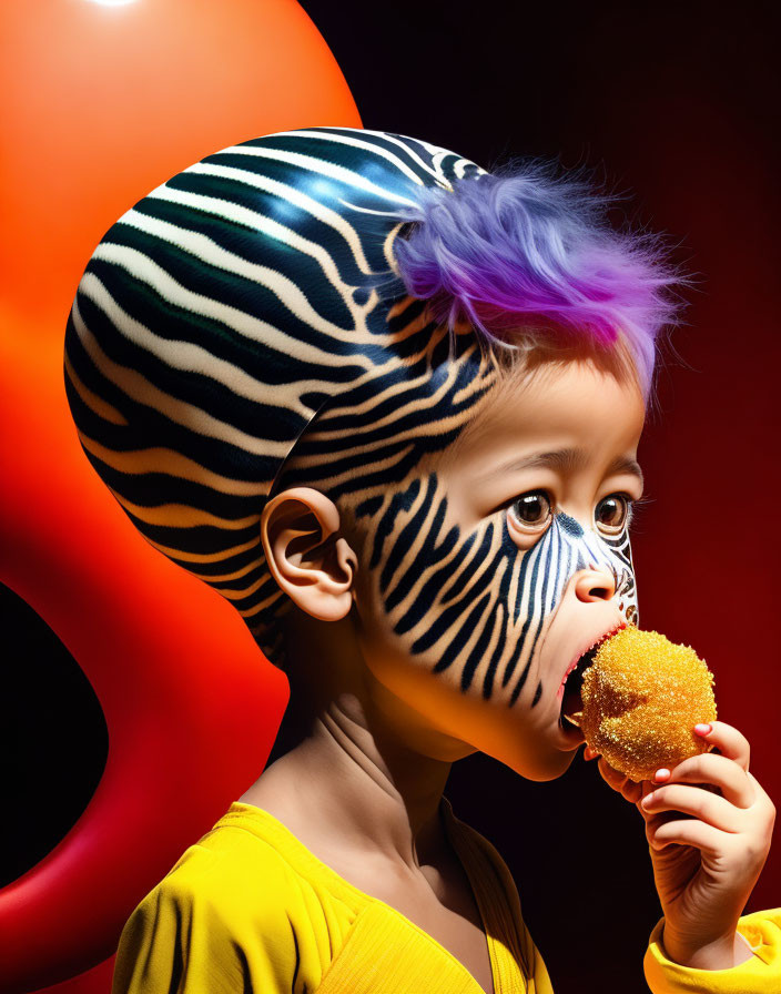 Child with zebra face paint and colorful hair eating a treat on dark background with orange swirl