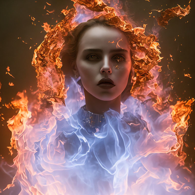 Woman engulfed in flames with fiery crown and mystical aura