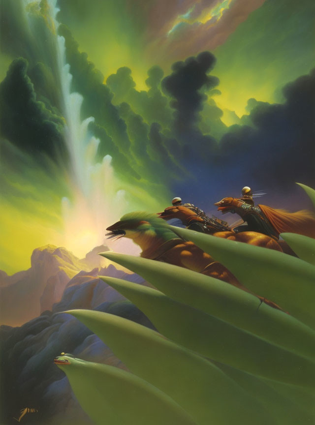 Fantasy landscape with two flying riders and dramatic skies