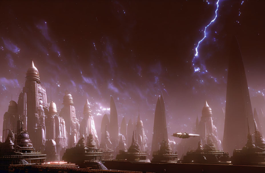 Futuristic night cityscape with skyscrapers, spaceship, lightning bolt