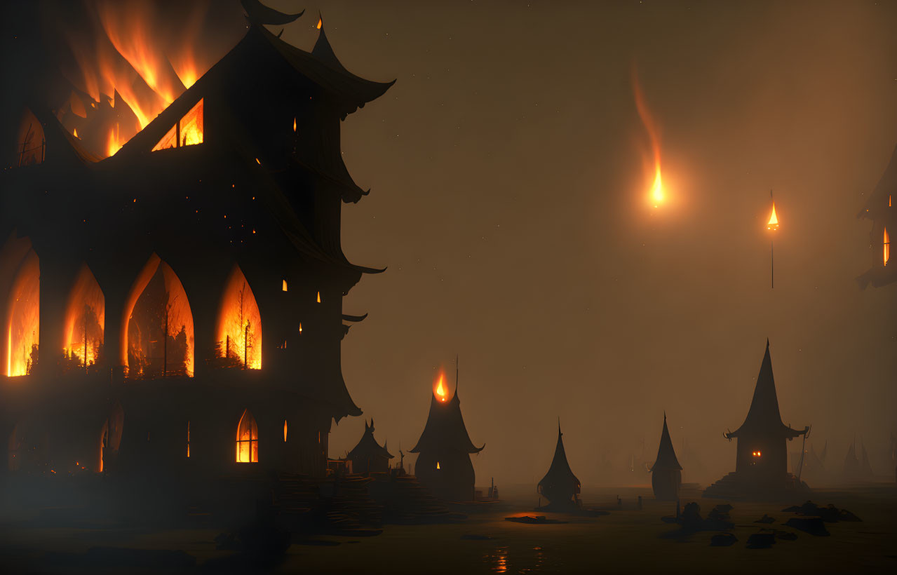 Pagoda-style building engulfed in night fire with silhouetted structures against smoky backdrop