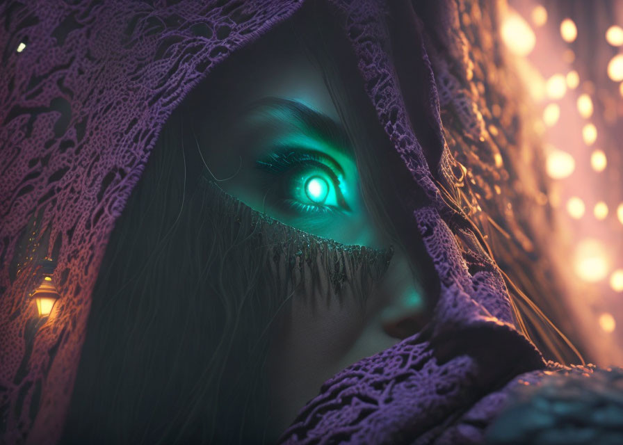 Close-up portrait with purple lace veil and green eye against bokeh lights