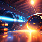 Futuristic 3D rendered tunnel with blue lights and energy beams