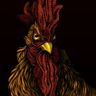 Detailed rooster-themed creature with ornate patterns on dark background