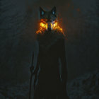 Mystical wolf-headed humanoid with burning torch in eerie forest