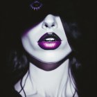 Person with glossy purple lips, gold liquid, and purple butterfly on dark background