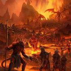 Fantasy scene: robed figures, skeleton horse, gothic cathedral, orange sky