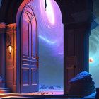 Vibrant cosmic scene through open doorway with swirling galaxies and snow-covered threshold.