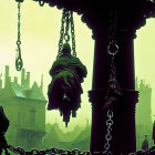 Cloaked Figure Suspended in Gothic Setting with Chains