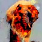 Elephant engulfed in flames with billowing smoke scene